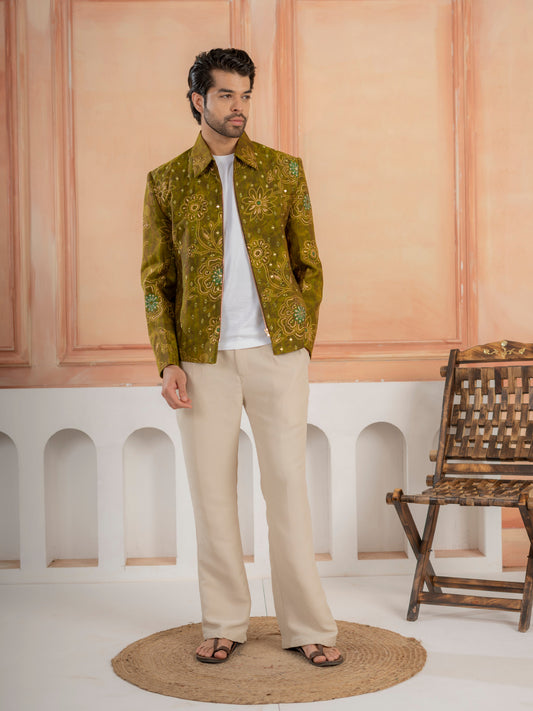 Stylish Green Khadi Silk Mirror Detailing Bomber Jacket and Bottom
