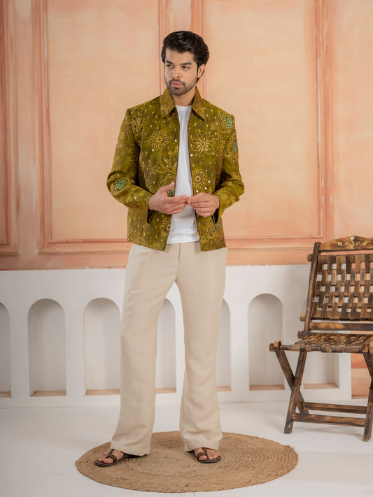 Stylish Green Khadi Silk Mirror Detailing Bomber Jacket and Bottom
