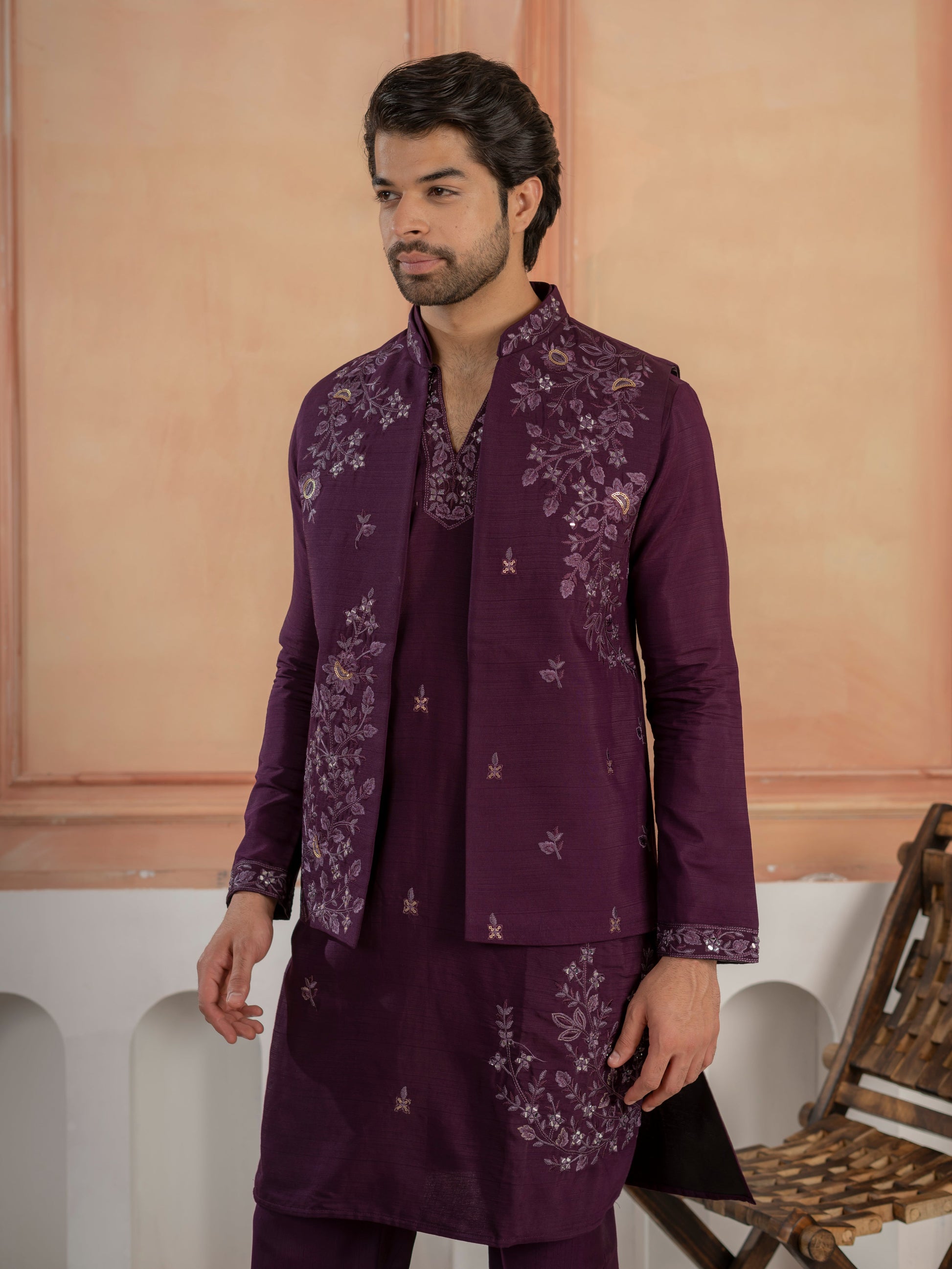Stylish Purple Real Mirror Embroidered V-Neck Kurta Jacket Pant Set
