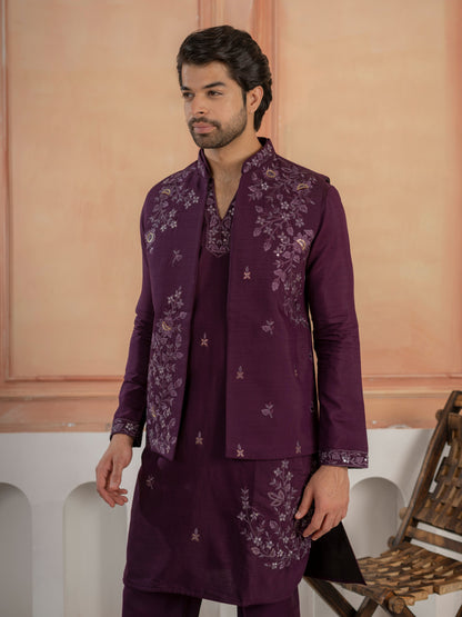Stylish Purple Real Mirror Embroidered V-Neck Kurta Jacket Pant Set
