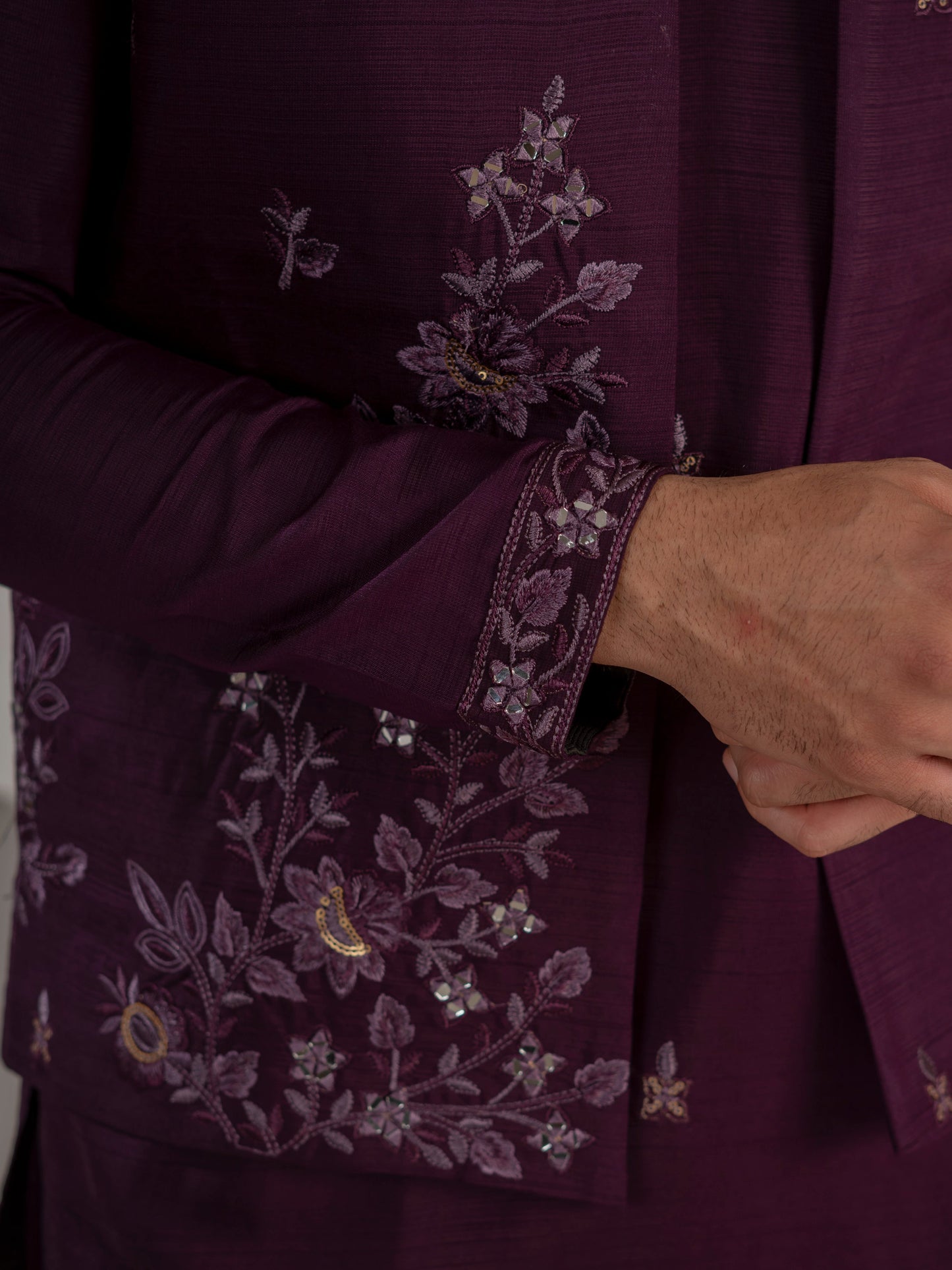 Stylish Purple Real Mirror Embroidered V-Neck Kurta Jacket Pant Set
