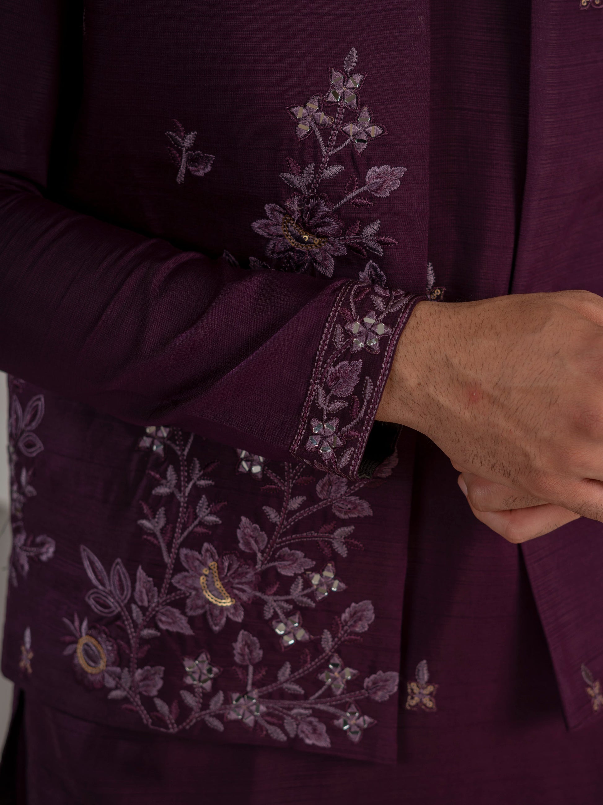 Stylish Purple Real Mirror Embroidered V-Neck Kurta Jacket Pant Set
