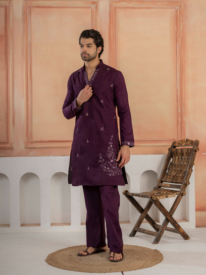 Stylish Purple Real Mirror Embroidered V-Neck Kurta Jacket Pant Set

