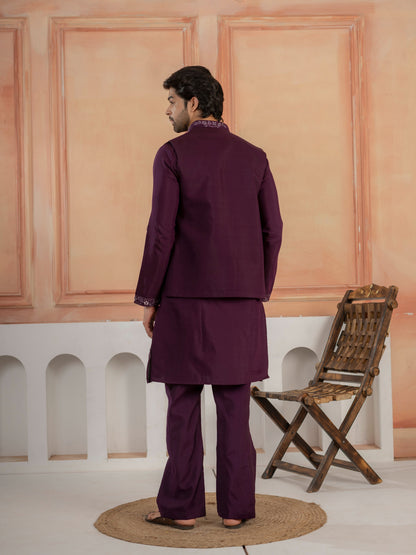 Stylish Purple Real Mirror Embroidered V-Neck Kurta Jacket Pant Set
