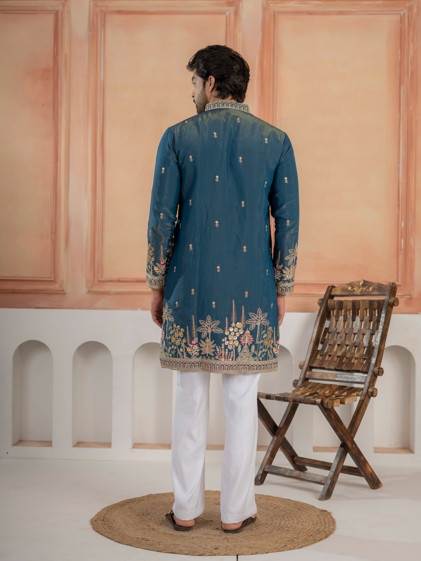 Stylish Teal Blue Roman Shimmer Golden Sequence Work Kurta Set
