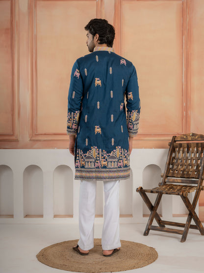 Elegant Teal Blue Soft Silk Embroidery Kurta For Festive Wear
