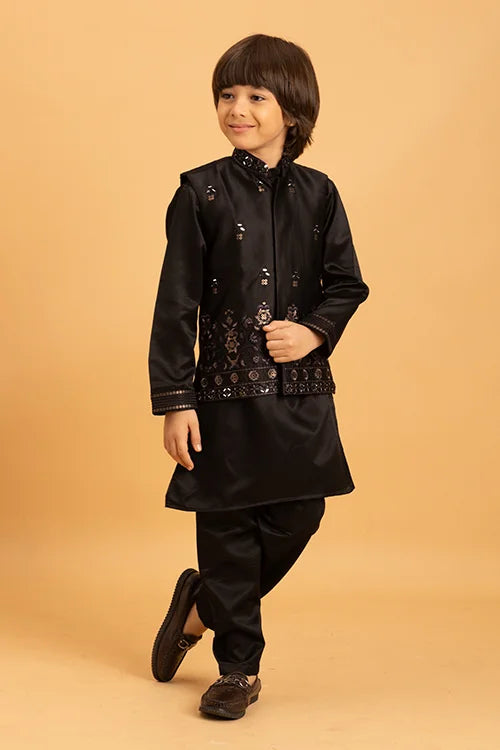 Traditional Black Mirror Work Koti Kurta Set for Boys