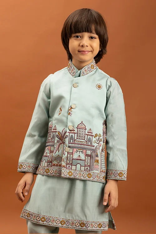 Wedding Sky Blue Koti Kurta Set for Kids 6-12 Yrs