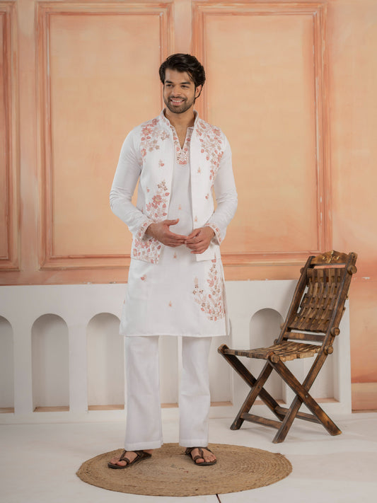 Traditional White V-Neck Kurta with Thread Embroidery Jacket & Pant
