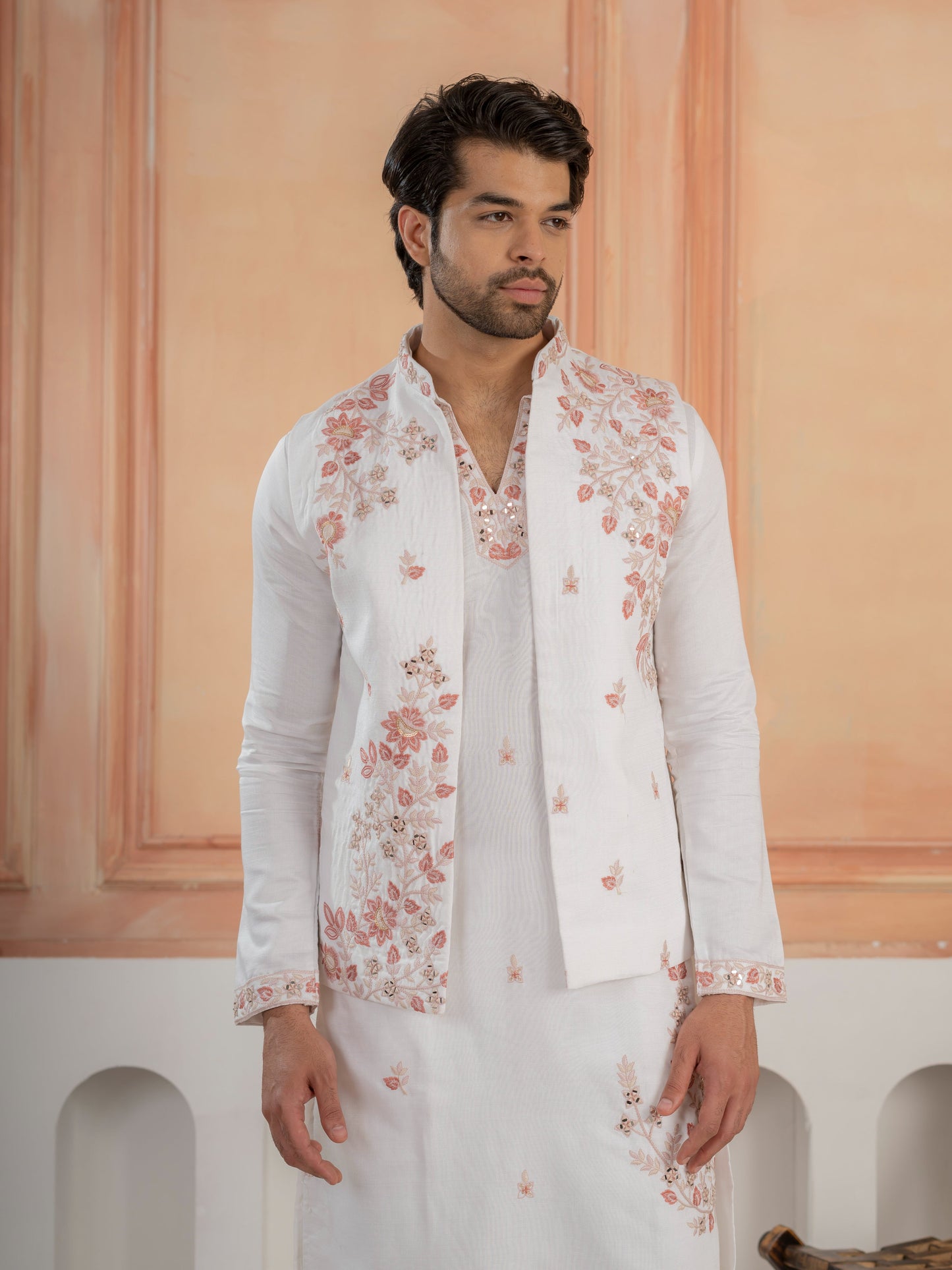Traditional White V-Neck Kurta with Thread Embroidery Jacket & Pant
