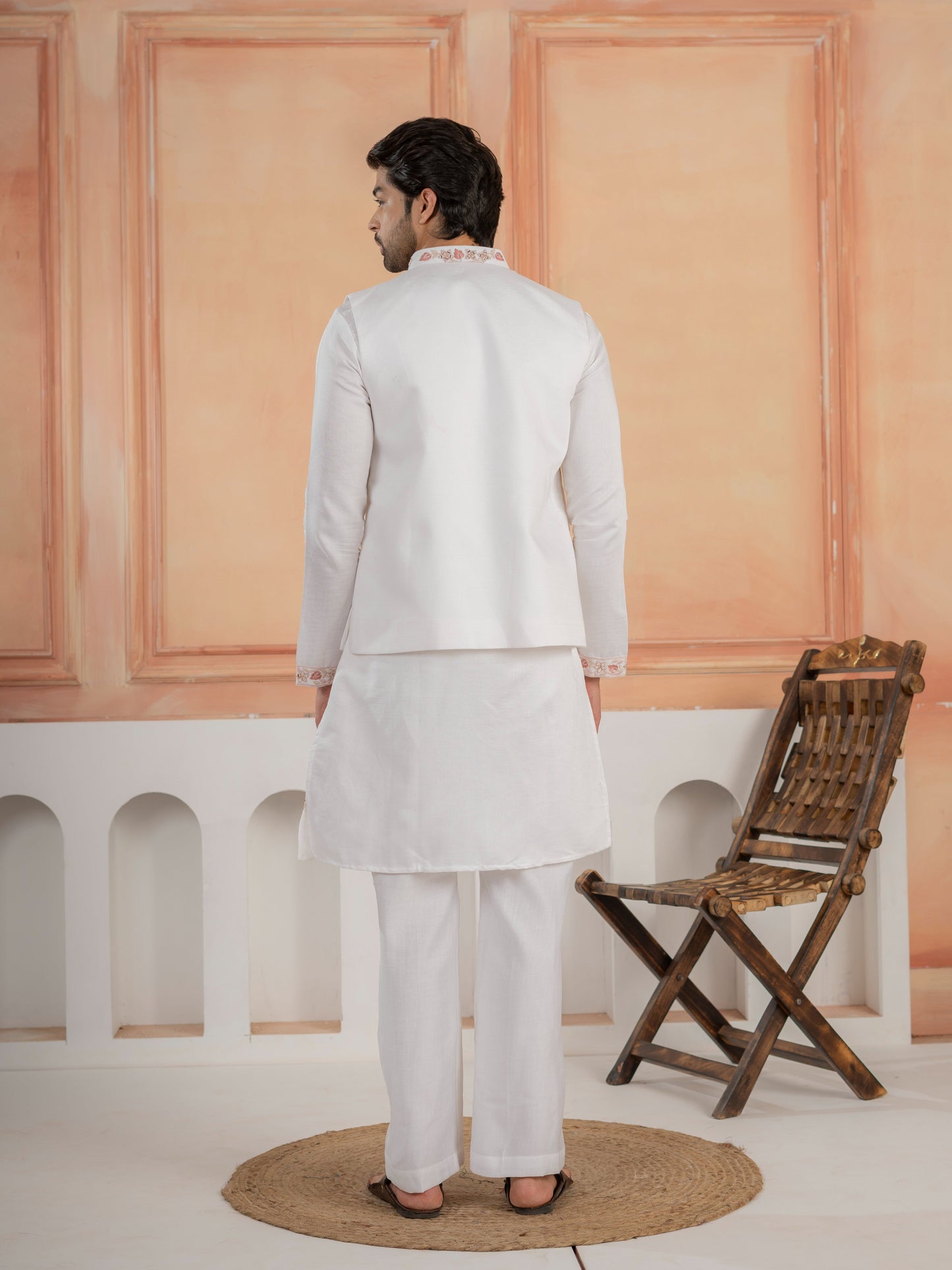 Traditional White V-Neck Kurta with Thread Embroidery Jacket & Pant
