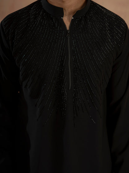 Trendy Black Japanese Lachka Beads Work Kurta & Bell Bottom Pants
