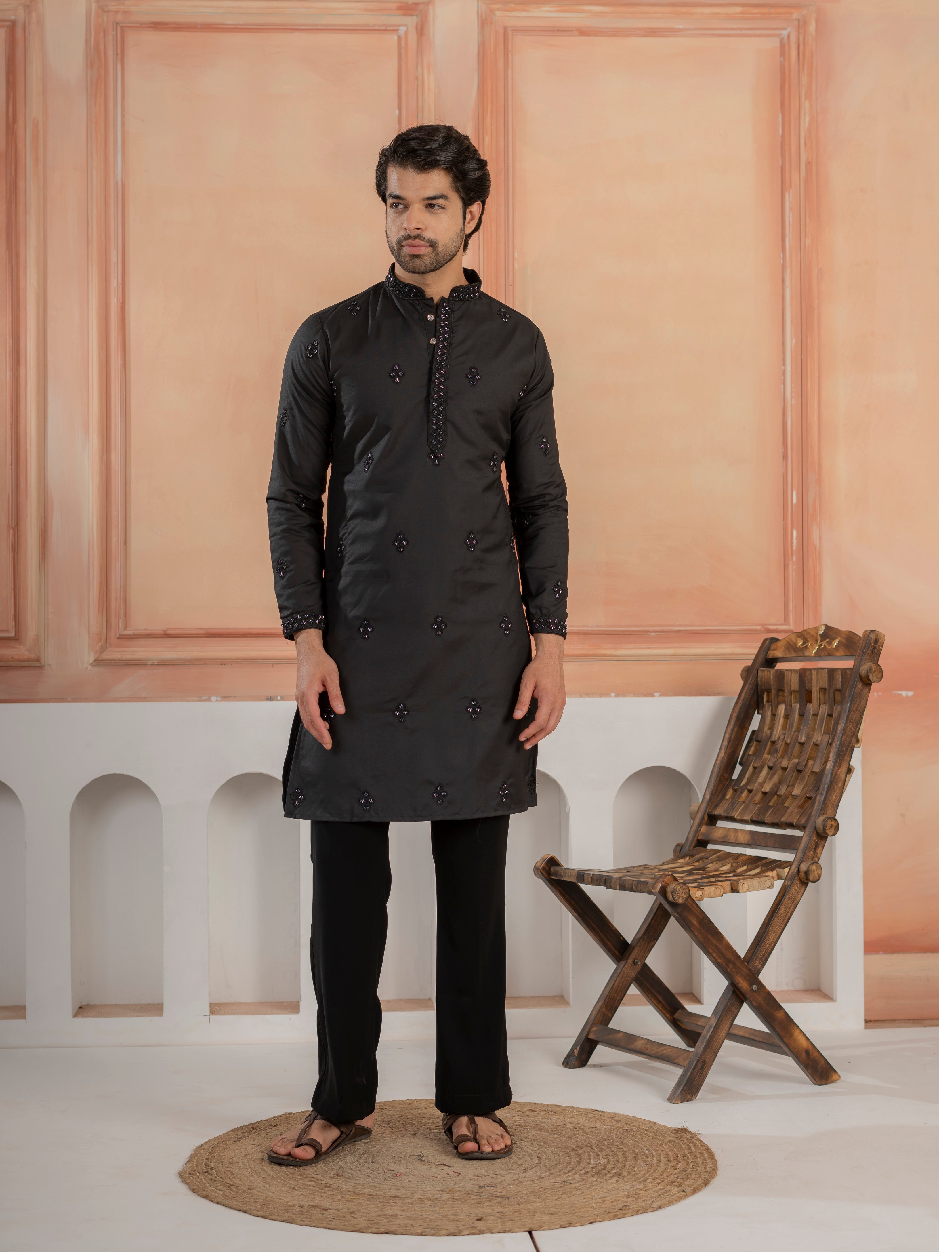 Ethnic Black Soft Cotton Val-Moti Butta Work Mens Kurta Set