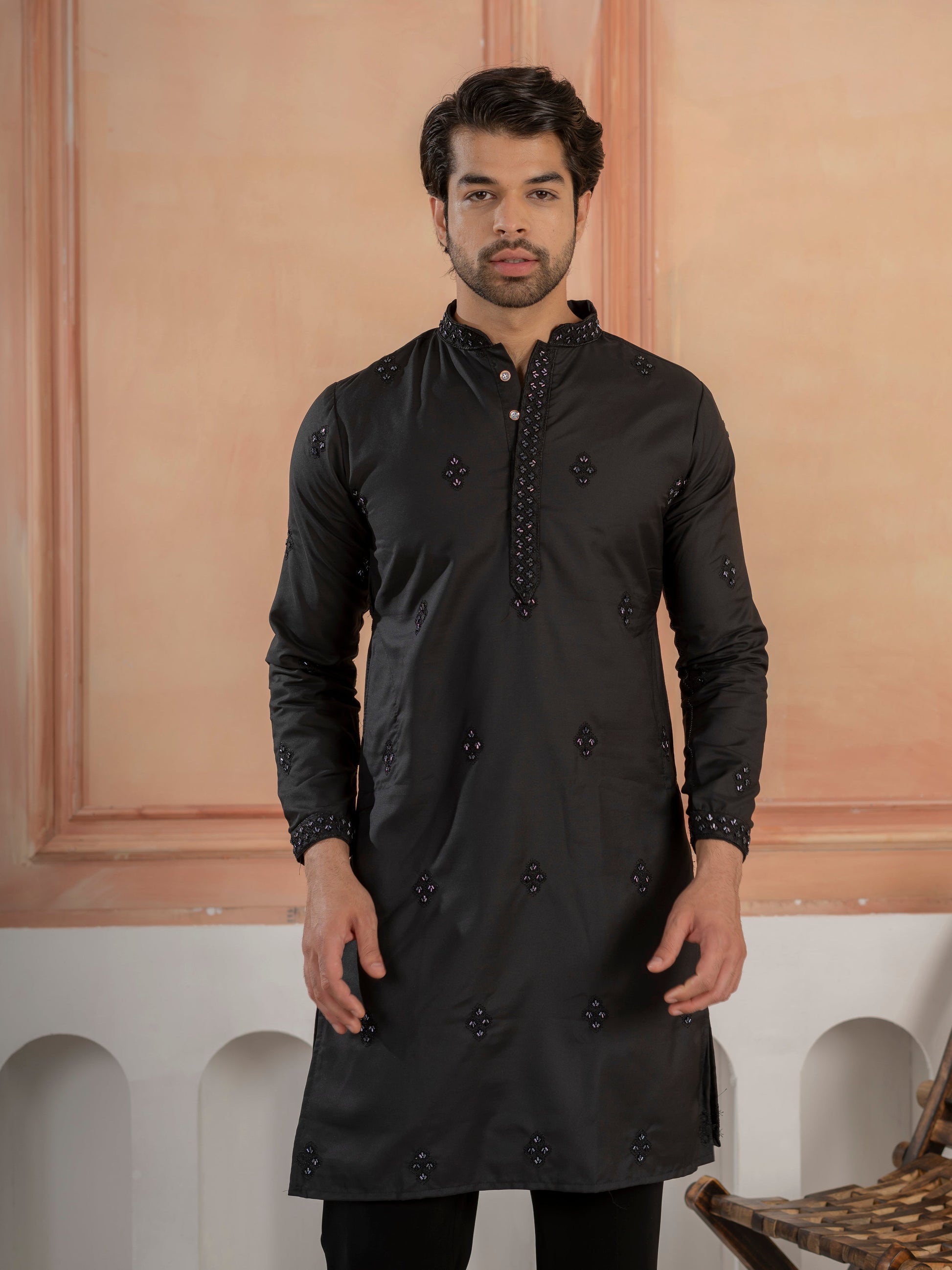 Ethnic Black Soft Cotton Val-Moti Butta Work Mens Kurta Set
