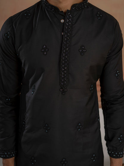 Ethnic Black Soft Cotton Val-Moti Butta Work Mens Kurta Set

