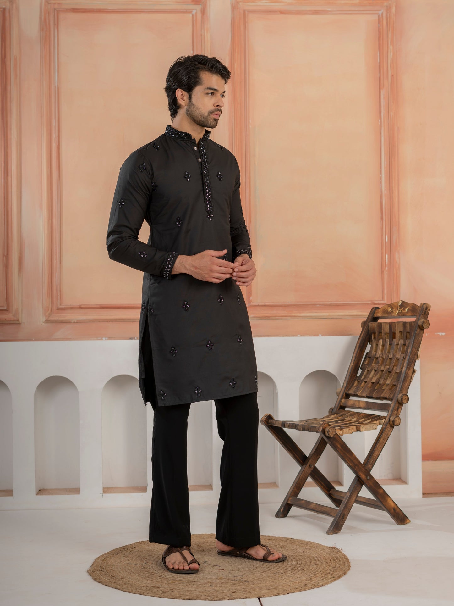 Ethnic Black Soft Cotton Val-Moti Butta Work Mens Kurta Set
