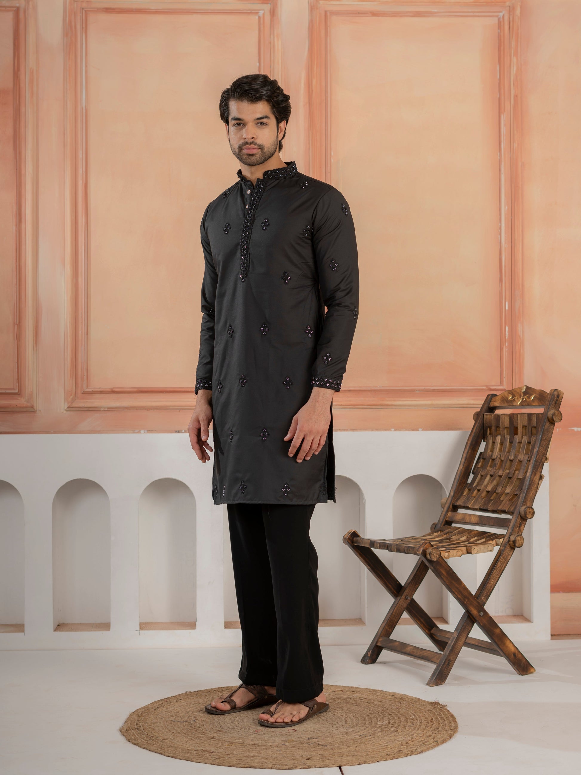Ethnic Black Soft Cotton Val-Moti Butta Work Mens Kurta Set
