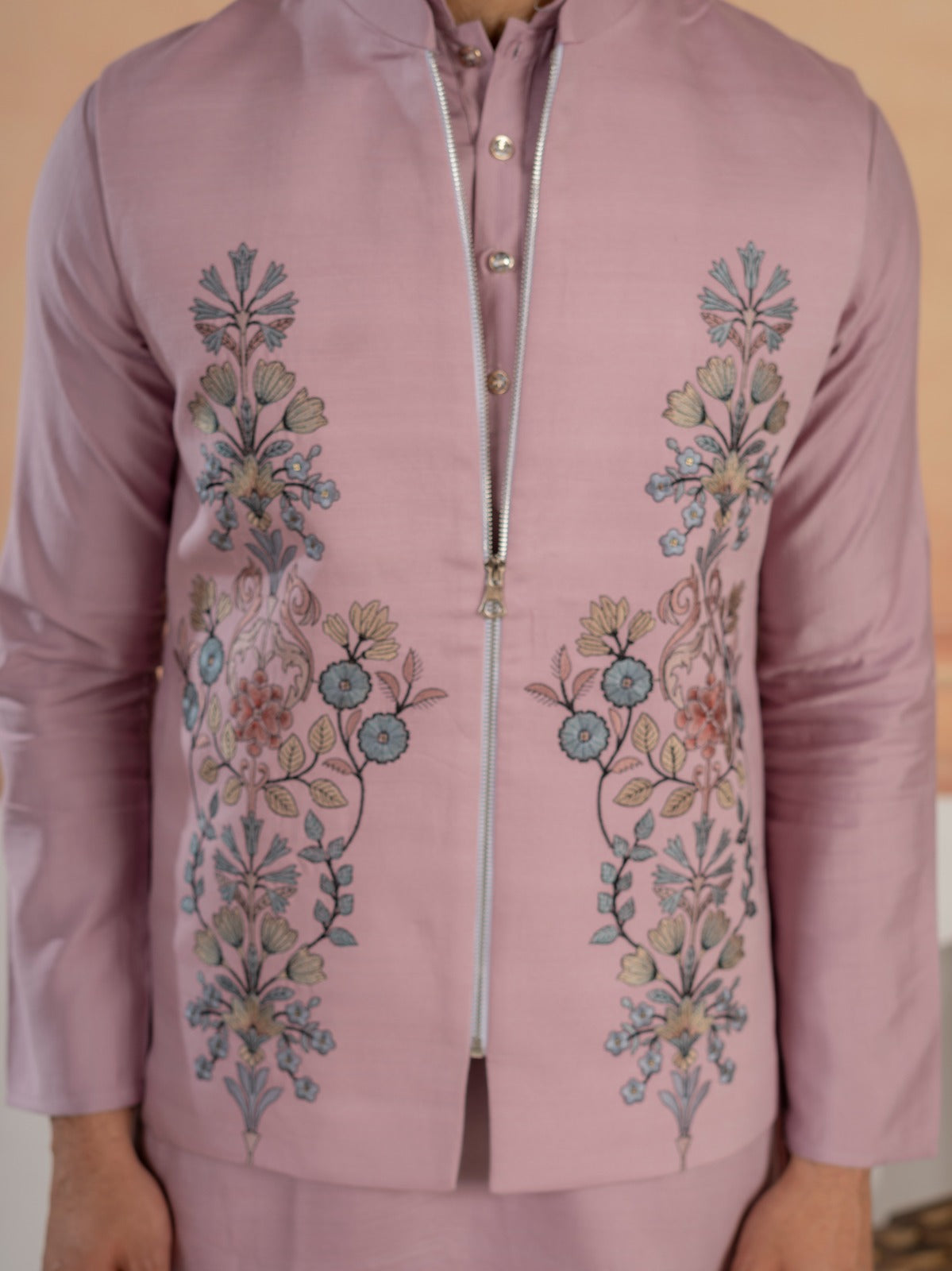 Royal Lavender Thread & Embroidered Koti Kurta Set for Mens