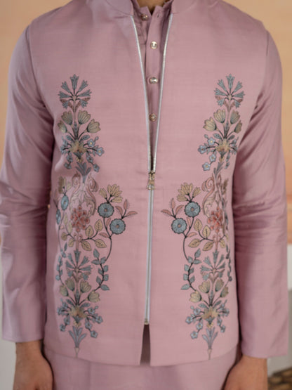 Royal Lavender Thread & Embroidered Koti Kurta Set for Mens
