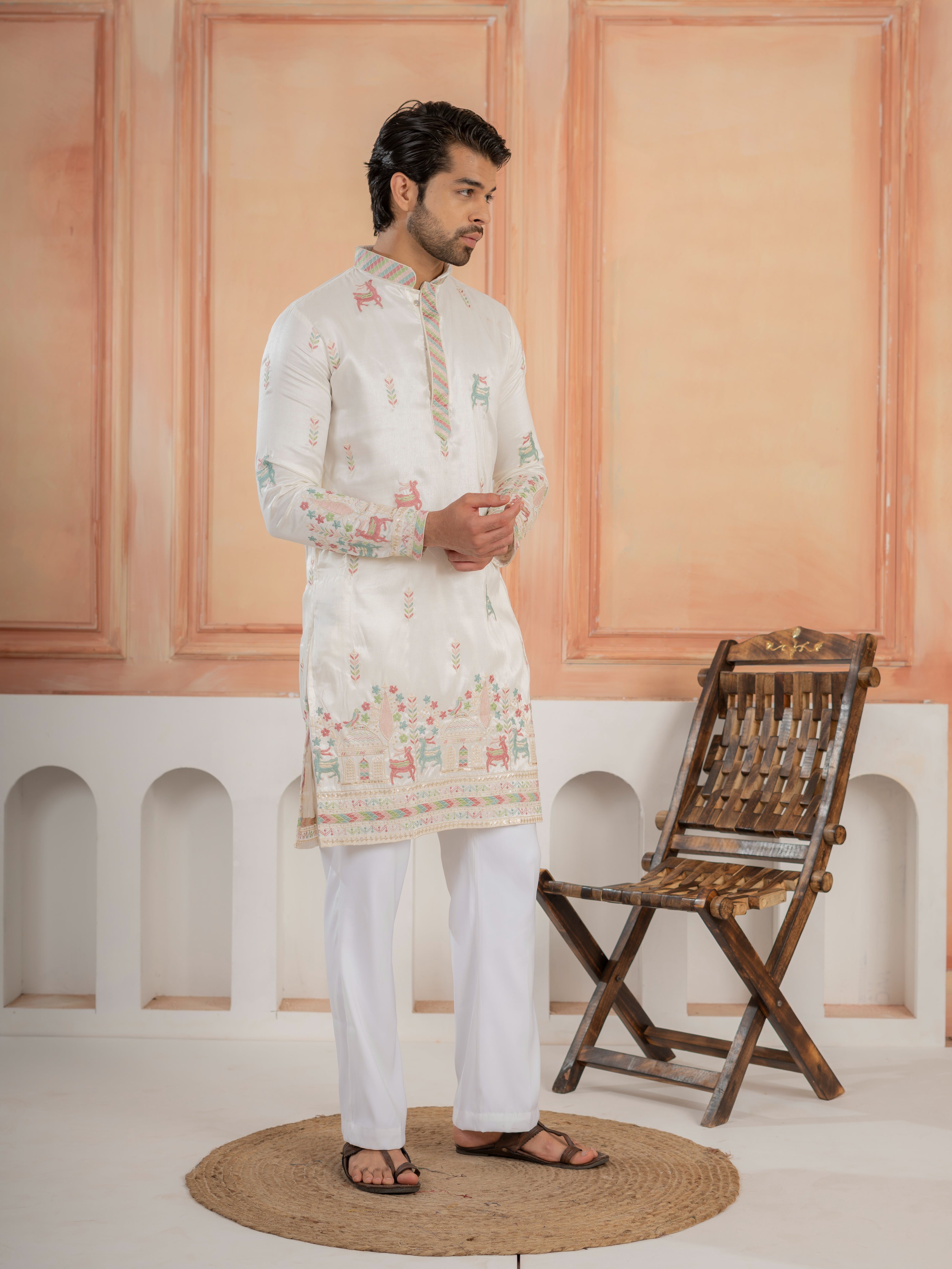 Festive White Silk Multi Thread Embroidered Mens Kurta Set