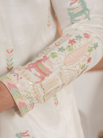 Festive White Silk Multi Thread Embroidered Mens Kurta Set