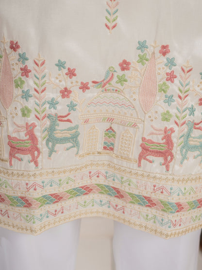 Festive White Silk Multi Thread Embroidered Mens Kurta Set