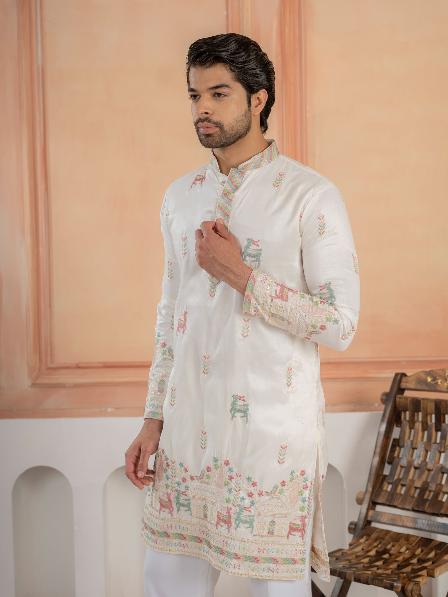 Festive White Silk Multi Thread Embroidered Mens Kurta Set