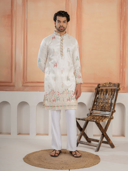 Festive White Silk Multi Thread Embroidered Mens Kurta Set